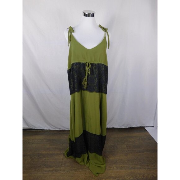 Forever 21 Dress Womens Medium Olive Green Black Lace Maxi Tie Shoulder Boho - Picture 1 of 12
